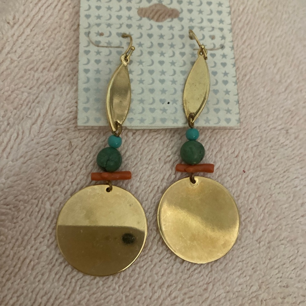NWT dangle, gold earrings with two turquoise beads, and one piece of coral